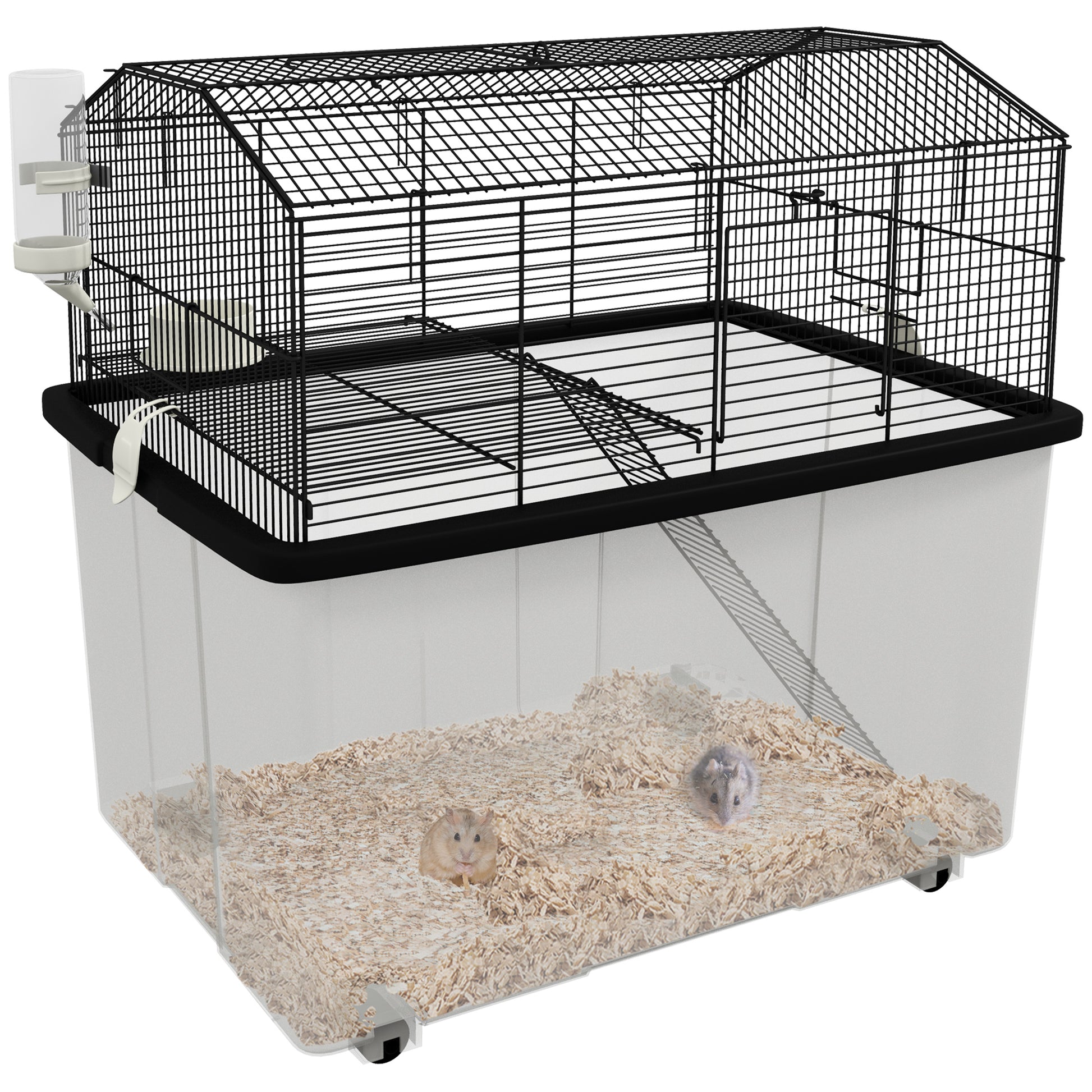 Photo of PawHut Two-Tier Gerbil Cage, Hamster Cage for Dwarf Hamster w/ Wheels, Deep Bottom, Food Dish, Water Bottle in Bottle colour on a white background