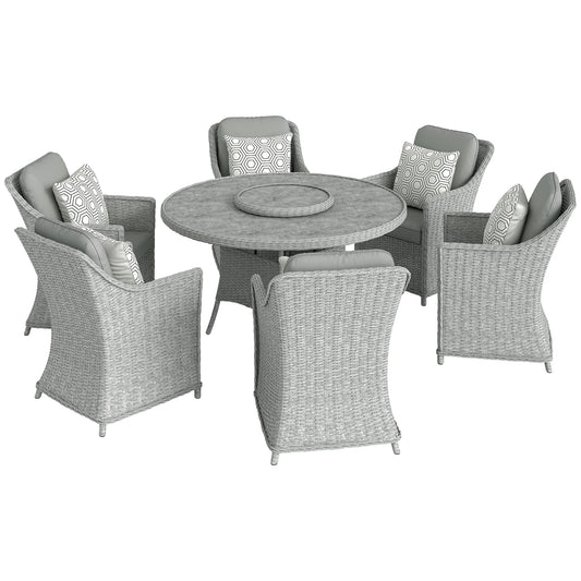 Photo of Outsunny Rattan Garden Dining Set with Turntable, Marble Effect Glass Round Garden Table and Chairs with Aluminium Frame, Grey in Grey colour on a white background