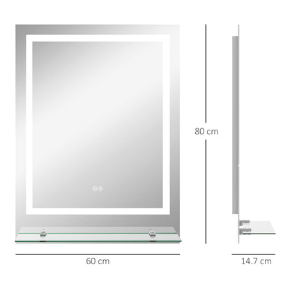 LED bathroom mirror with shelf, measuring 60 by 80 cm