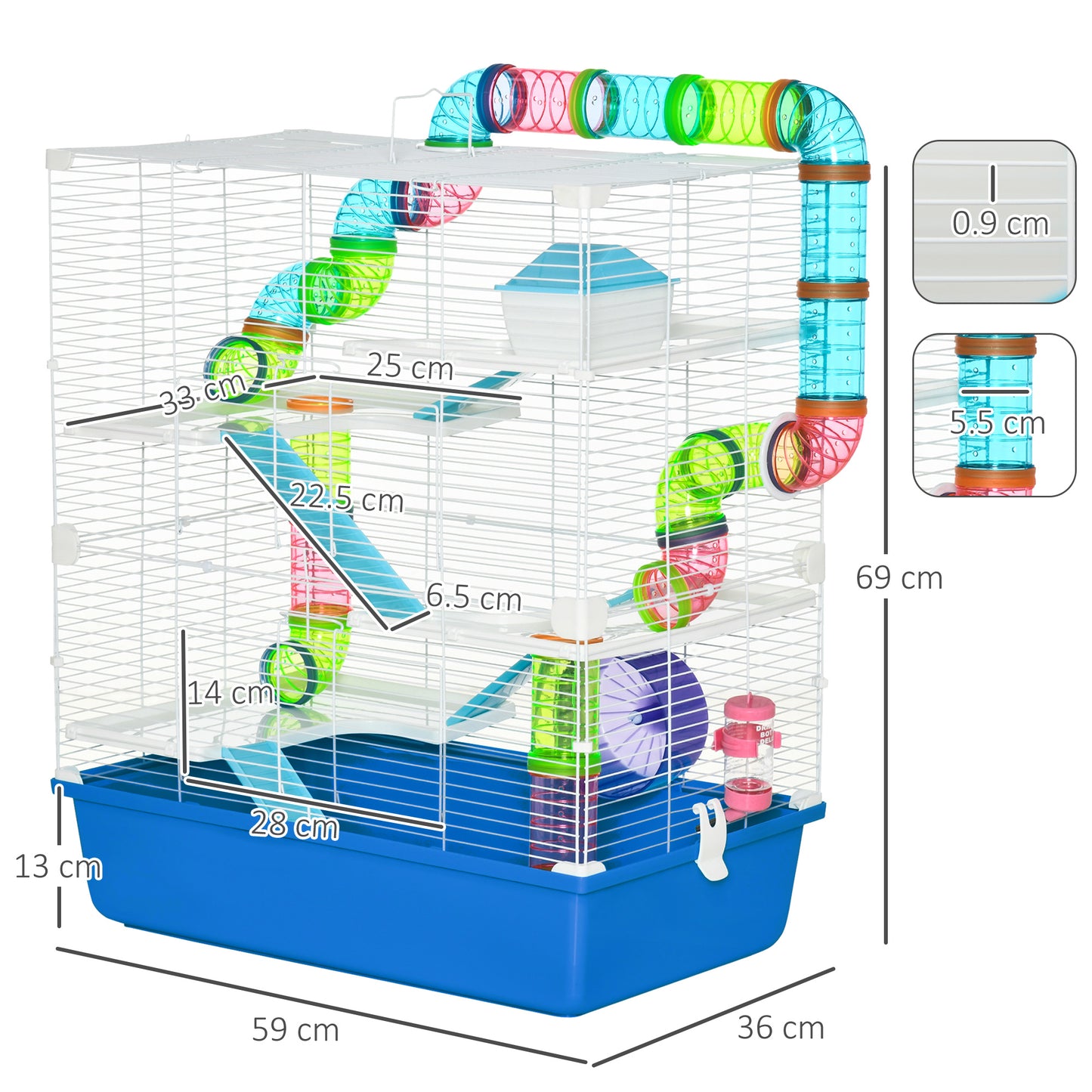 PawHut 5 Tier Hamster Cage, Gerbil Cage with Exercise Wheel, Feeder Bowl, Tube, Water Bottle, 59L x 36W x 69H cm - Blue