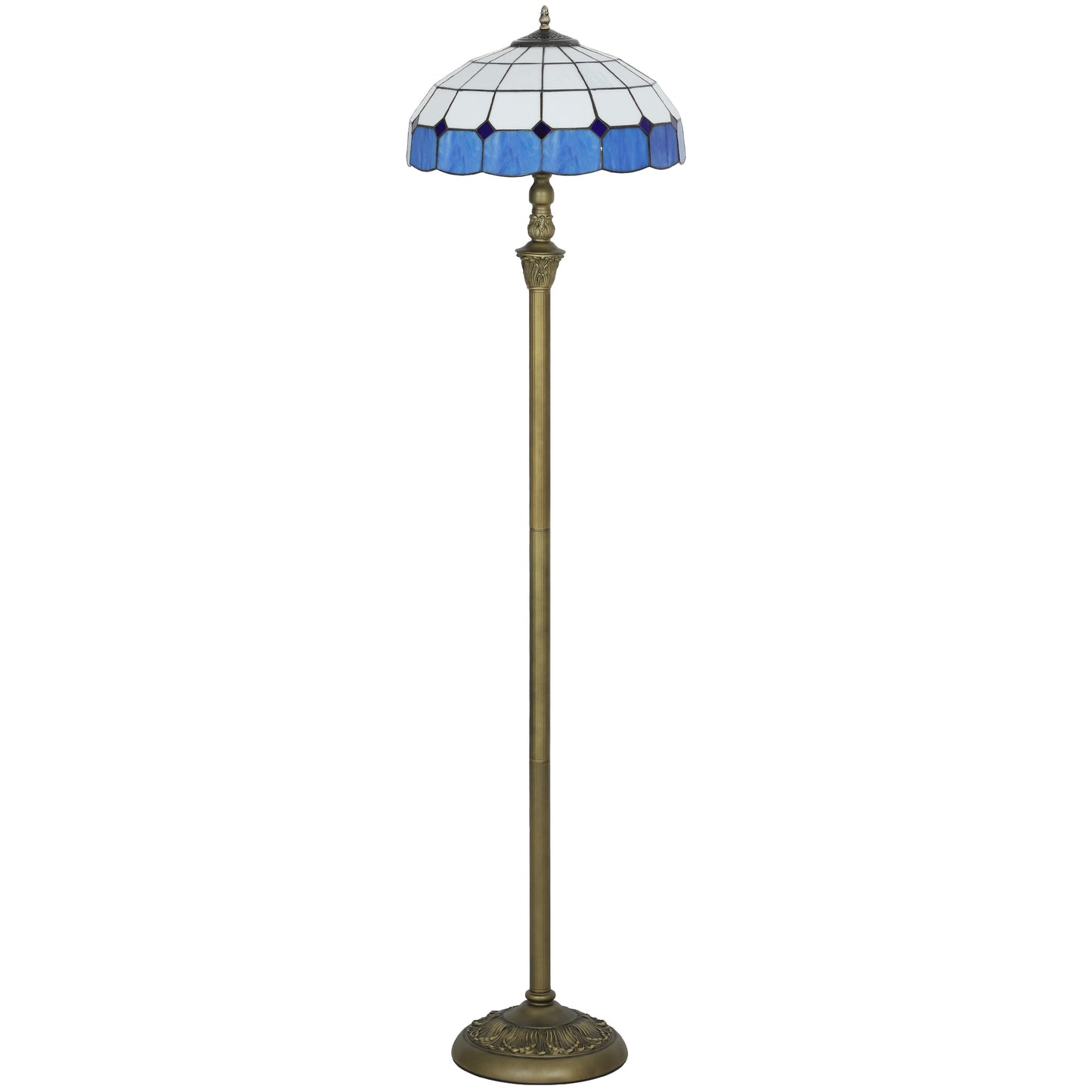 Photo of HOMCOM Tiffany-Style Floor Lamp with Handcrafted Stained Glass Shade, 152cm Tall Vintage Standing Lamp with Foot Switch and Dual Sockets for Living Room Bedroom, Bronze Tone and Blue in Blue colour on a white background