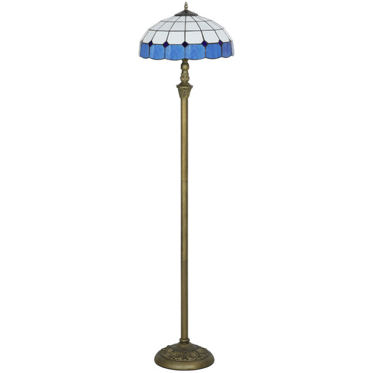Photo of HOMCOM Tiffany-Style Floor Lamp with Handcrafted Stained Glass Shade, 152cm Tall Vintage Standing Lamp with Foot Switch and Dual Sockets for Living Room Bedroom, Bronze Tone and Blue in Blue colour on a white background