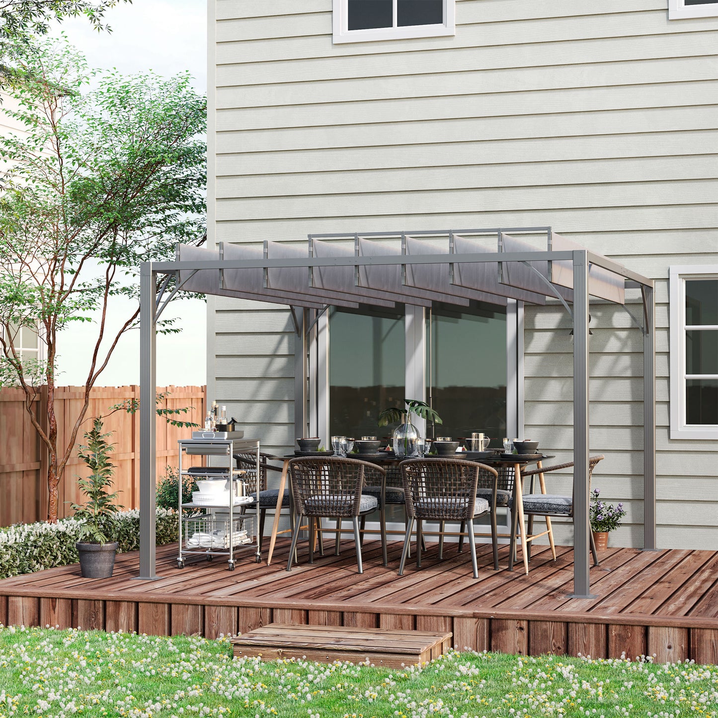 Outsunny 3 x 3(m) Outdoor Pergola with Retractable Roof, Aluminium Louvered Patio Gazebo Canopy for Garden, Patio, Grey