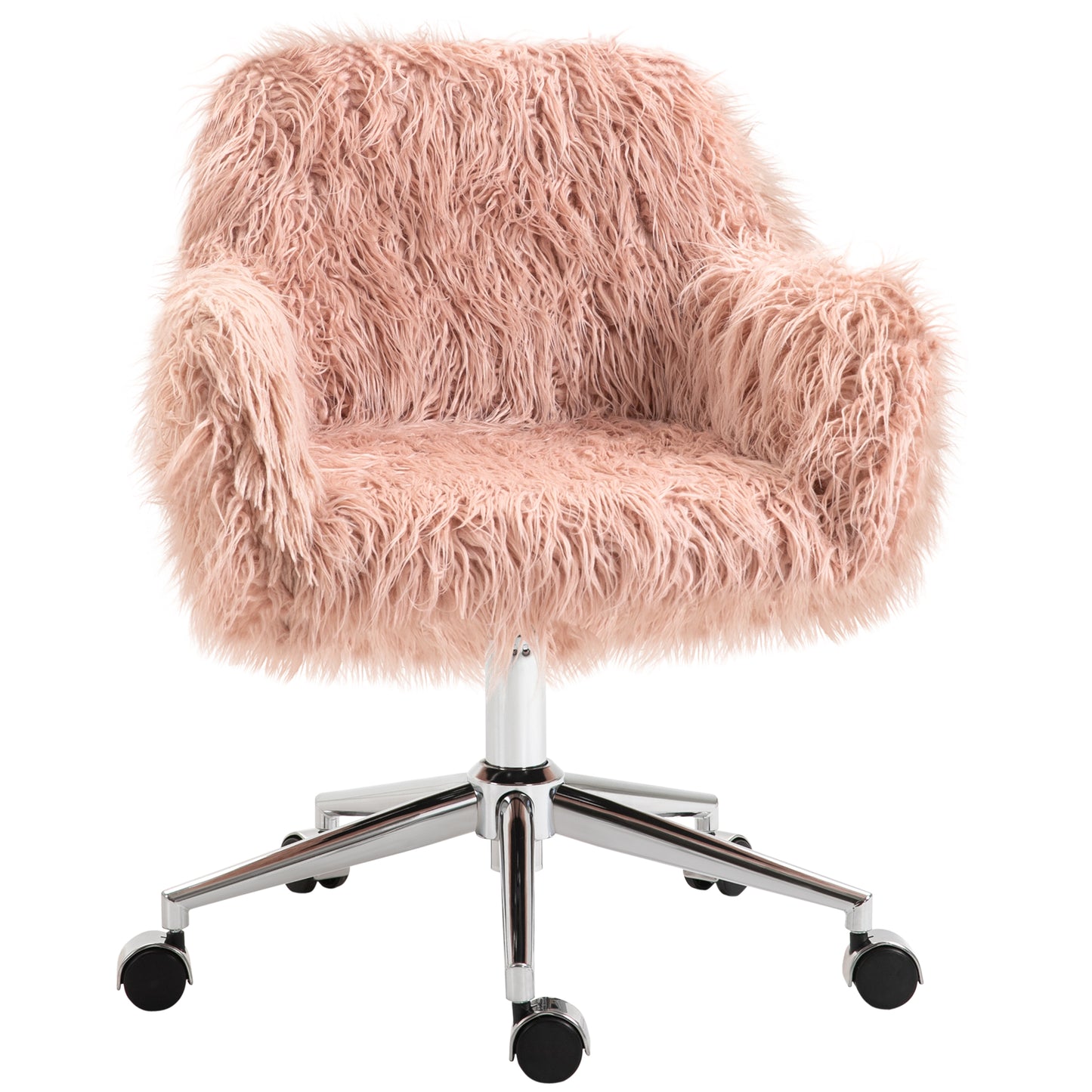 Photo of Vinsetto Faux Fur Desk Chair, Rolling Swivel Makeup Chair with Adjustable Height, Armrets for Home Office, Bedroom, Pink in Pink colour on a white background