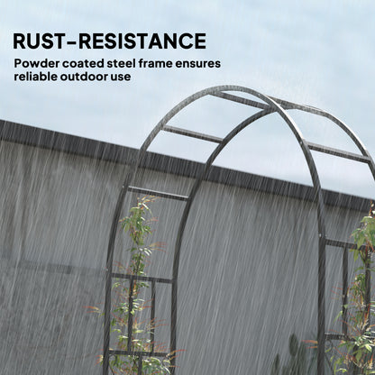 Powder-coated steel garden arch shown with climbing plants in rain