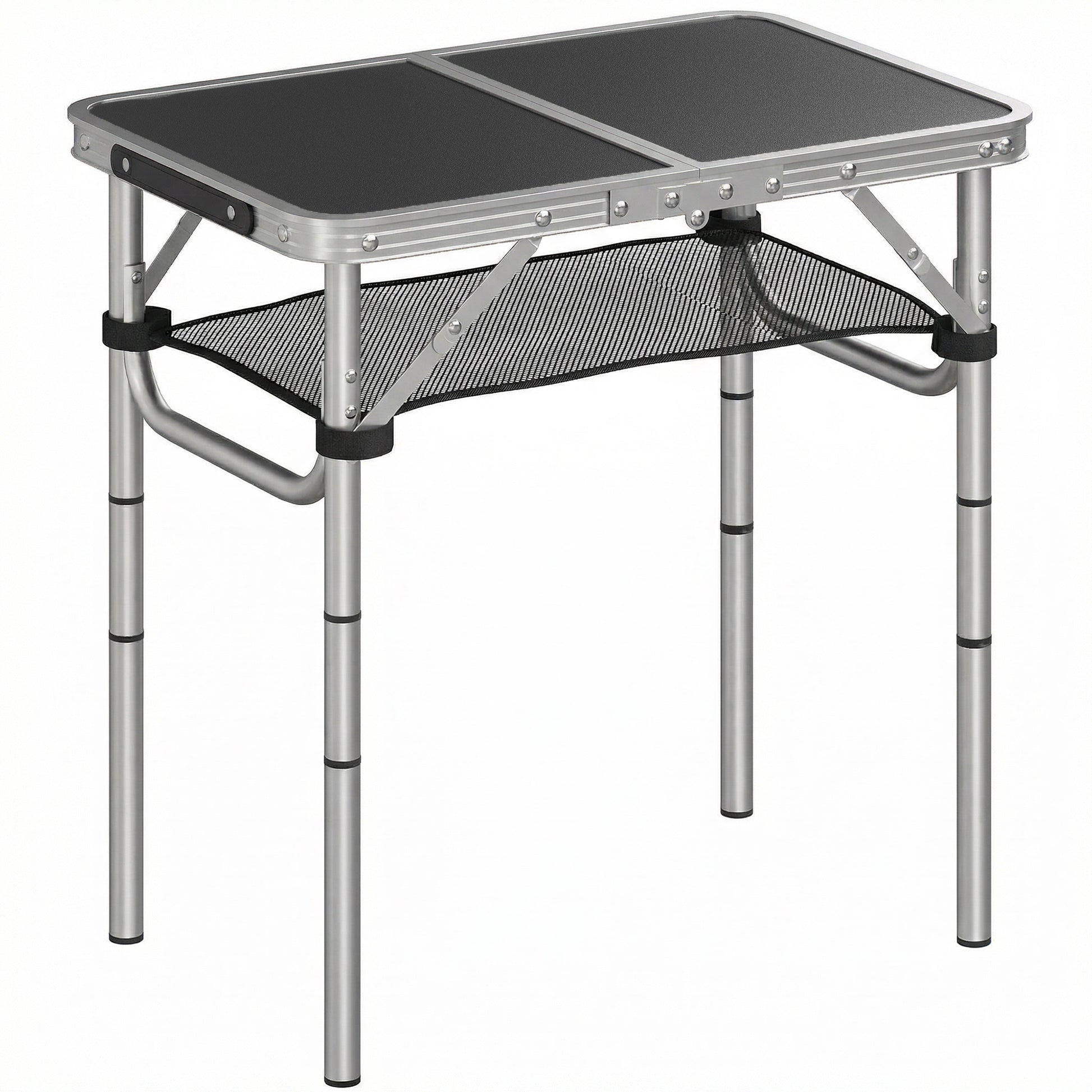 Photo of Outsunny 2ft Folding Camping Table, Picnic Table with Mesh Storage Layer, 4 Adjustable Heights and Carrying Handle, Black in Black colour on a white background