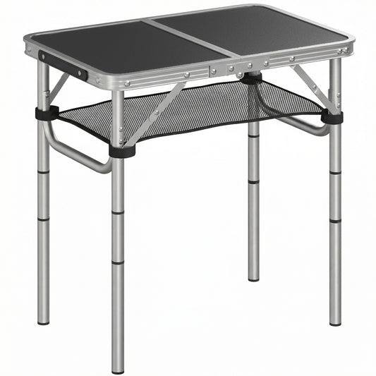 Photo of Outsunny 2ft Folding Camping Table, Picnic Table with Mesh Storage Layer, 4 Adjustable Heights and Carrying Handle, Black in Black colour on a white background