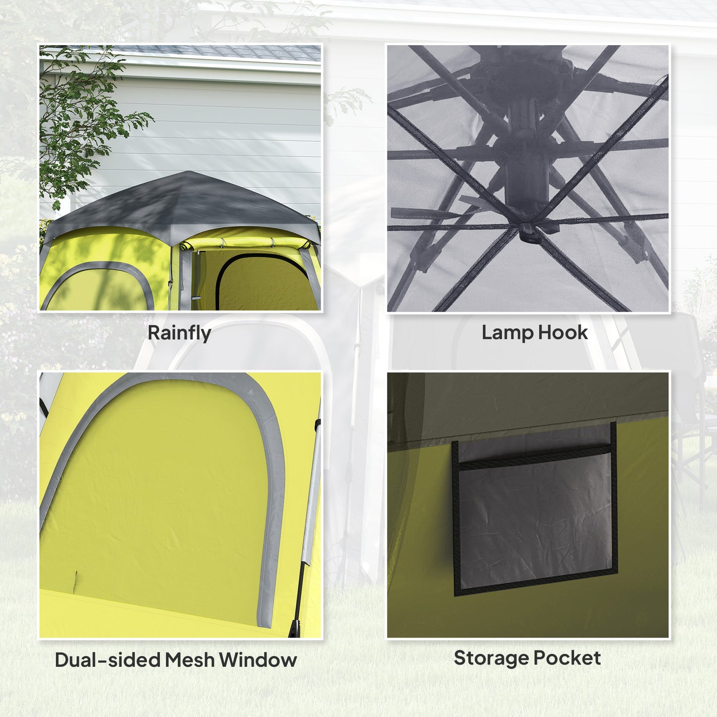 Outsunny Instant Pop Up Camping Tent, 2/3/4 Person Easy Setup Dome Family Tent with Vestibule, Rainfly, 4 Mesh Windows & 2 Doors, Hexagonal Design, Waterproof & UV Protected, Yellow Green
