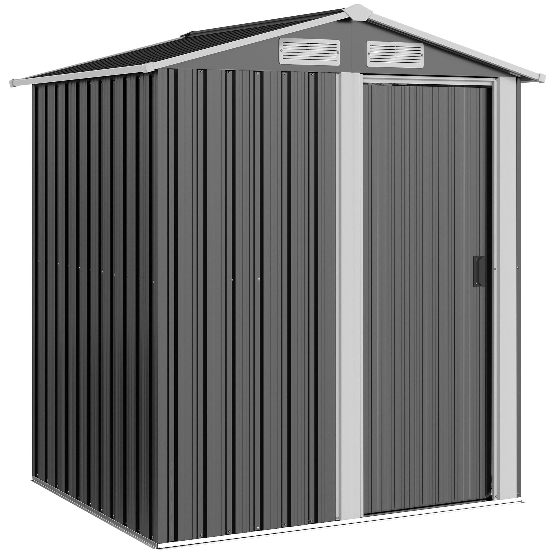 Photo of Outsunny Garden Metal Tool Storage Shed with Sliding Door, Sloped Roof and Foundation Kit, 152 x 132 x 188cm, Grey in Grey colour on a white background