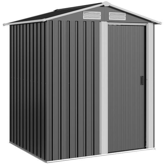Photo of Outsunny Garden Metal Tool Storage Shed with Sliding Door, Sloped Roof and Foundation Kit, 152 x 132 x 188cm, Grey in Grey colour on a white background