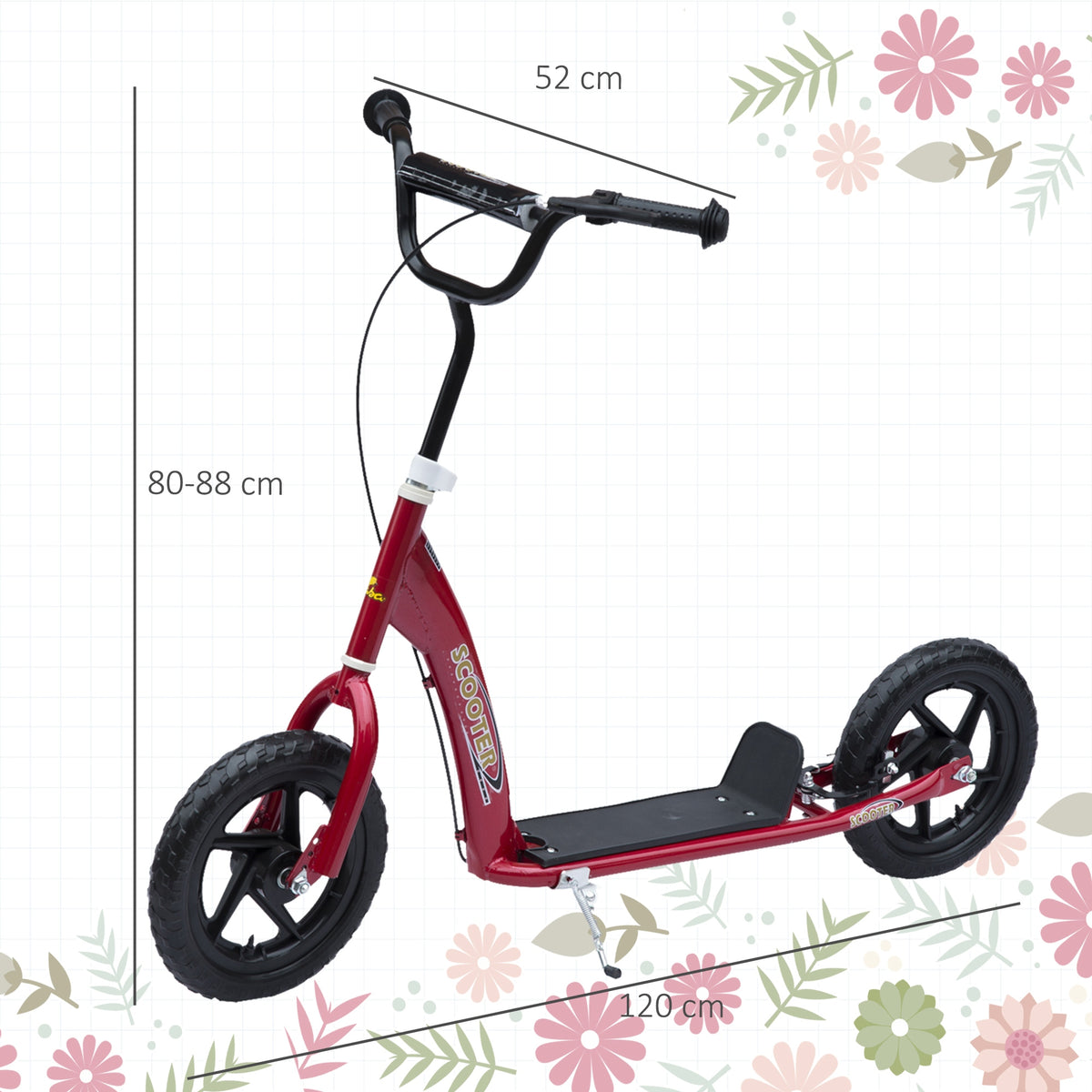 Red HOMCOM kids kick scooter shown with 120 cm length and adjustable 80–88 cm handlebar
