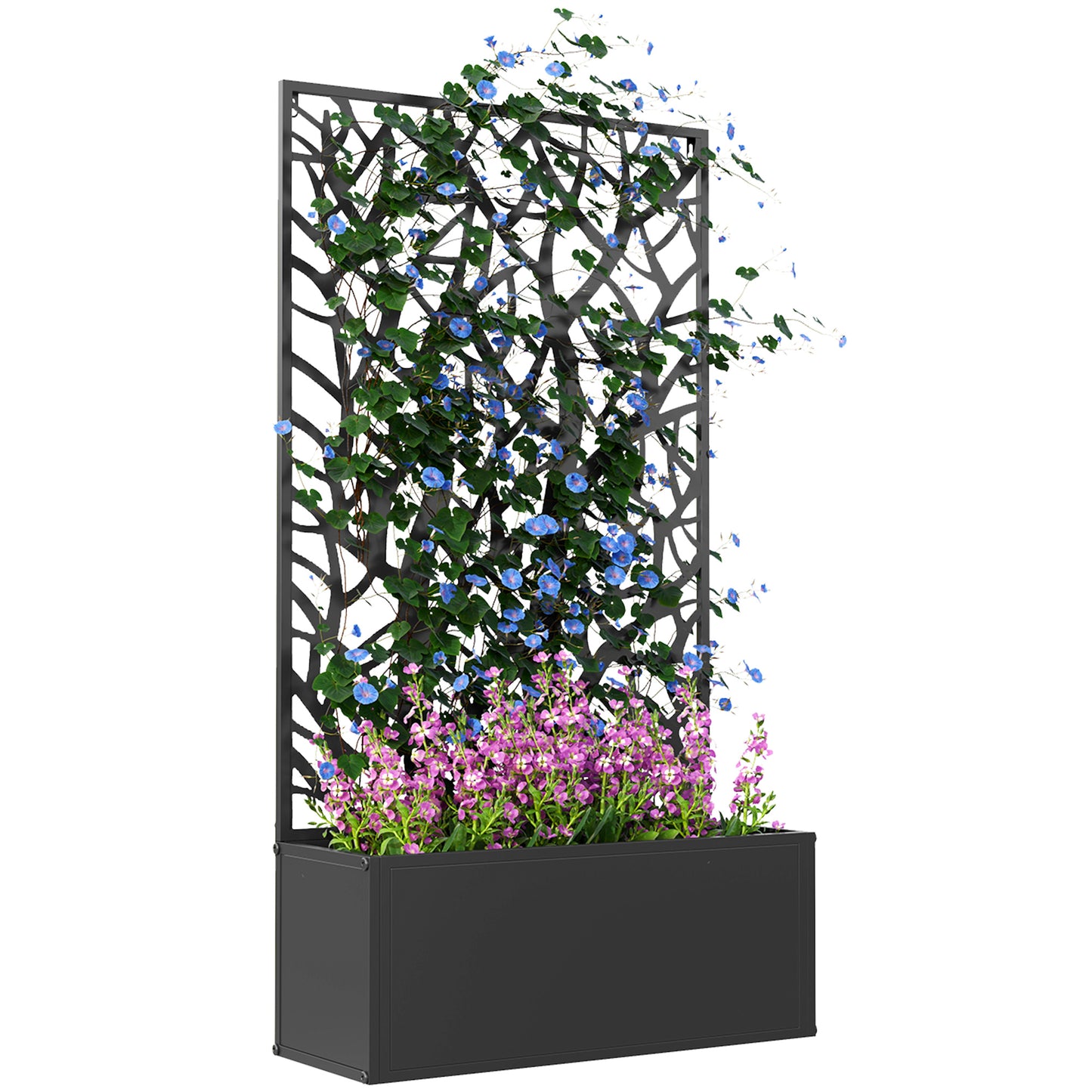 Photo of Outsunny Outdoor Metal Planter, with Back Trellis - Black in Black colour on a white background