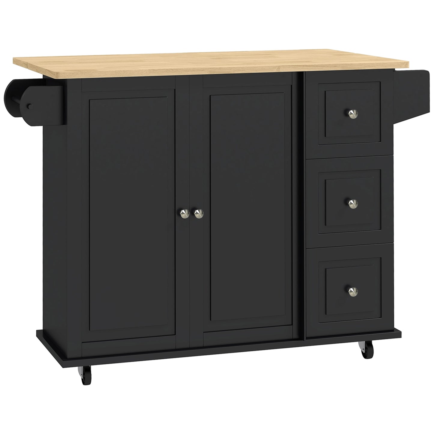 Photo of HOMCOM Kitchen Island with Drop Leaf, Rolling Kitchen Storage Trolley on Wheels with 3 Drawers, Black in Black colour on a white background