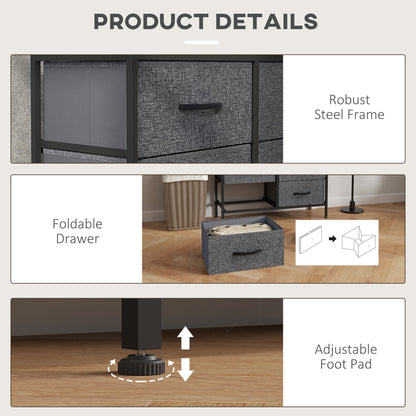 HOMCOM dresser details showing steel frame, foldable drawer and adjustable feet