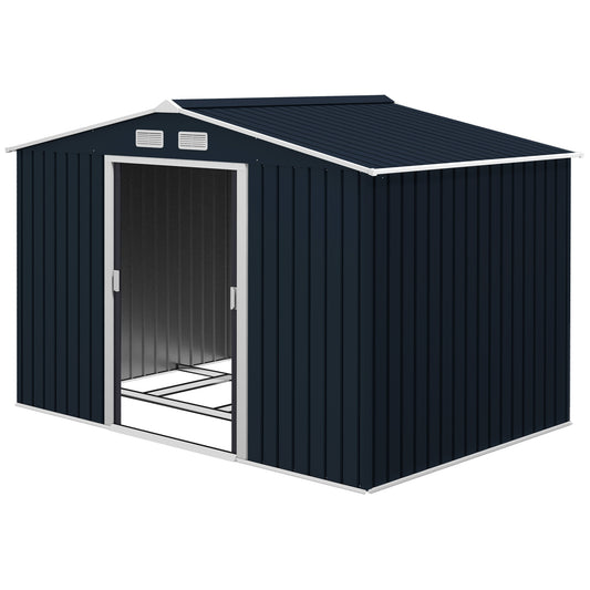Outsunny dark metal bicycle shed with gabled roof, vents, and open doorway