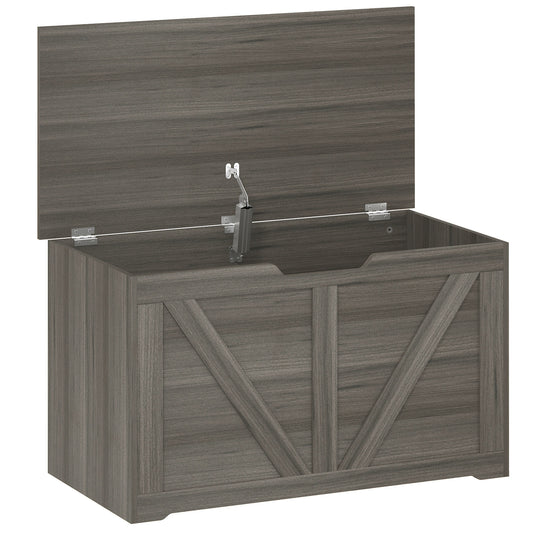 Photo of HOMCOM 100L Home Storage Box, with Safety Hinge - Dark Grey Wood-Effect in Wood-Effect colour on a white background