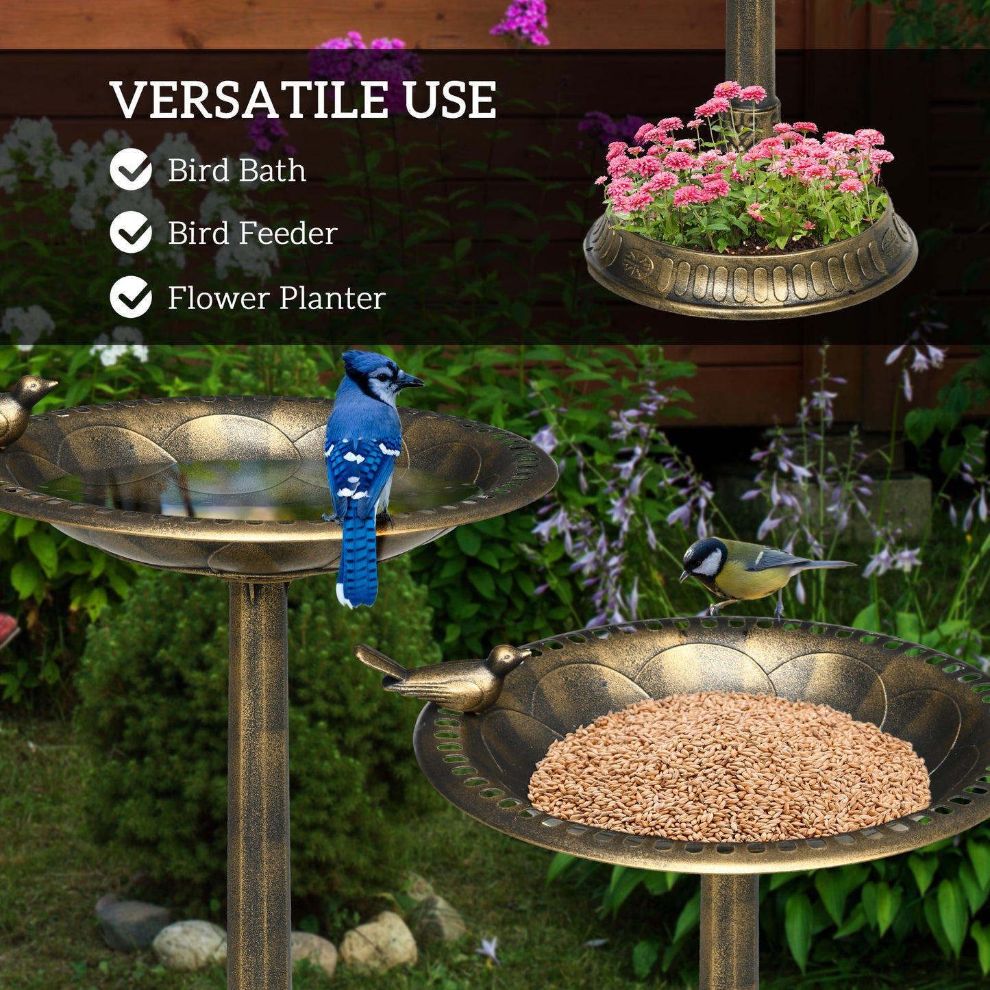 Outsunny 72cm Tall Antique Bird Bath for Garden, Vintage Style Birdbath with Bird Decoration and Flower Planter Base, Bird Bath Bowl for Outdoor, Bronze Tone