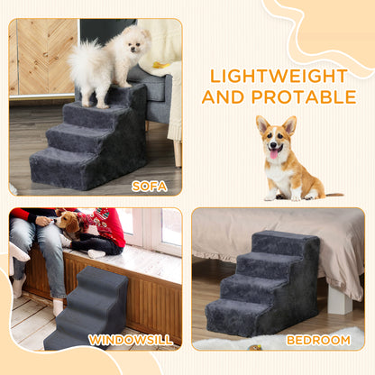 Dark gray four-step pet stairs shown beside a sofa, windowsill and bed