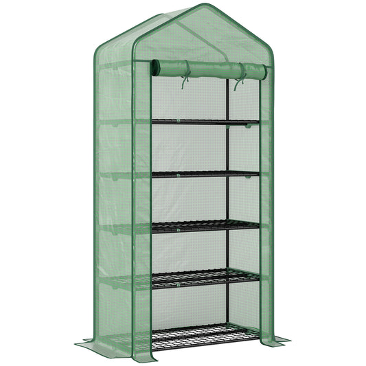 Photo of Outsunny 5 Tier Widened Mini Greenhouse with Reinforced PE Cover, Portable Indoor Outdoor Green House with Roll-up Door and Wire Shelves, 90 x 49 x 193cm, Green in Green colour on a white background