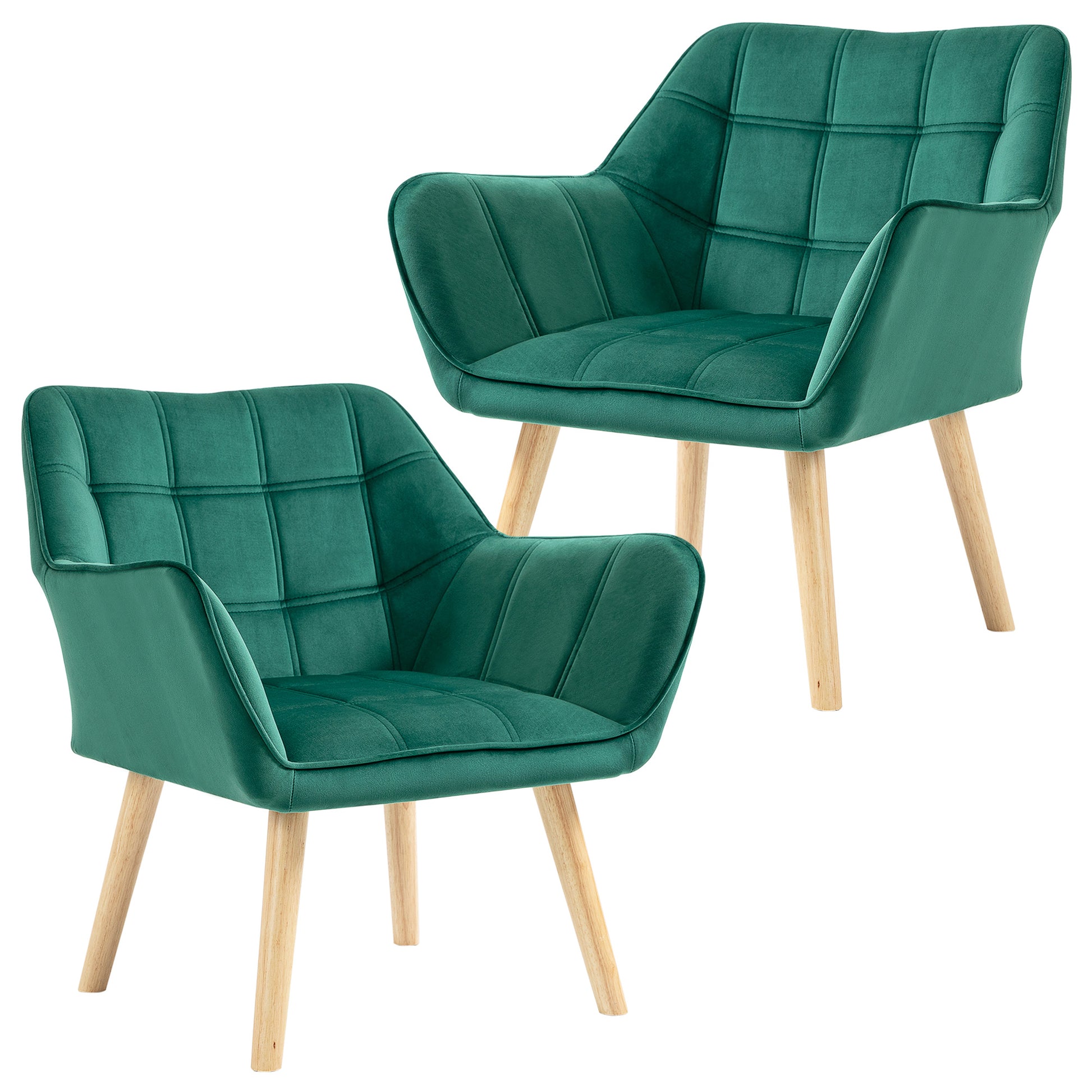 Photo of HOMCOM Accent Chair, Velvet Upholstered Vanity Tub Chair with Flared Armrests, Slanted Back, Solid Wood Legs, Comfy Padding Armchair, Home Bedroom Furniture Seating, Set of 2, Green in Green colour on a white background