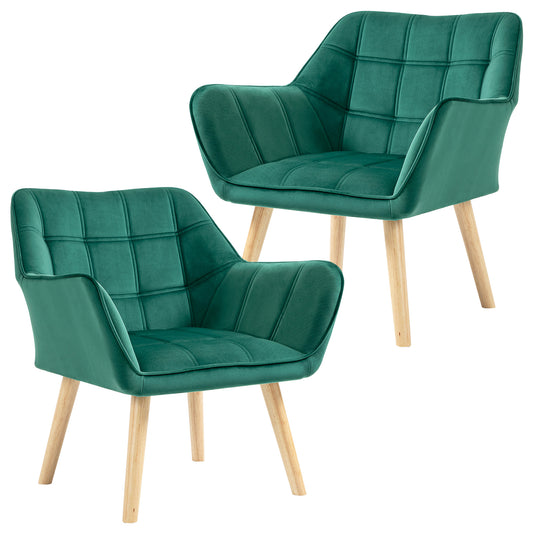 Photo of HOMCOM Accent Chair, Velvet Upholstered Vanity Tub Chair with Flared Armrests, Slanted Back, Solid Wood Legs, Comfy Padding Armchair, Home Bedroom Furniture Seating, Set of 2, Green in Green colour on a white background