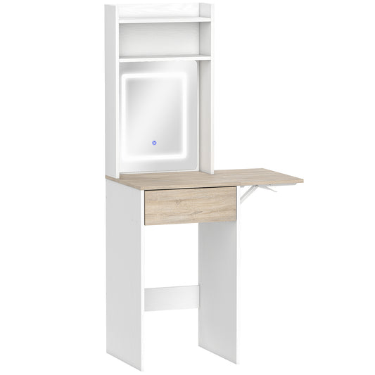 Photo of HOMCOM Small Vanity Desk with Mirror and LED Lights, Compact Dressing Table with Drop Leaf, Open Shelves and Drawer, White in White colour on a white background
