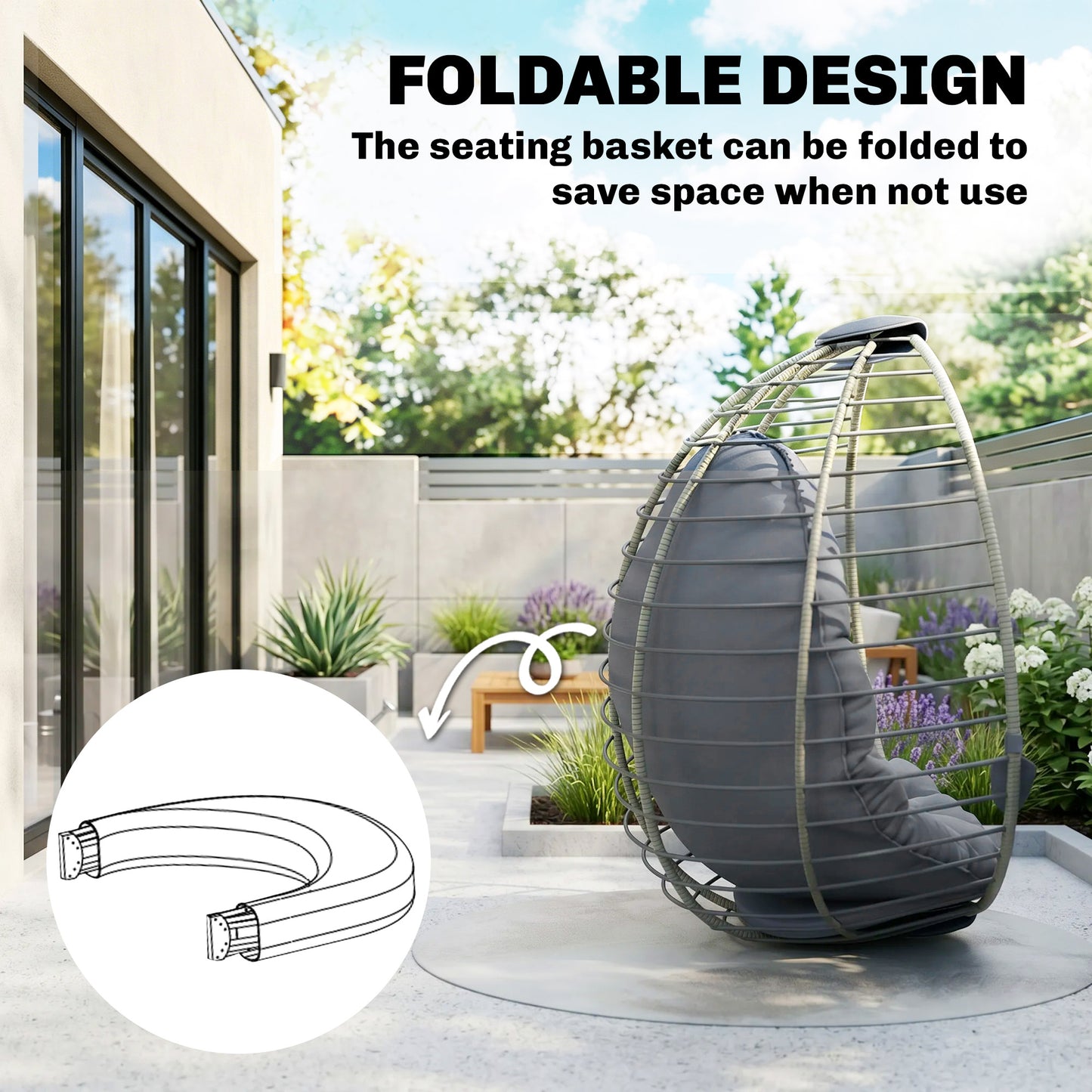 Outsunny PE Rattan Swing Chair, Outdoor Hanging Chair with Metal Stand, Thick Padded Cushion, Foldable Basket and Cup Holder, for Indoor and Outdoor, Grey