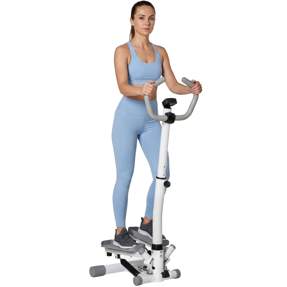 HOMCOM white and gray twist stepper with adjustable handlebars, shown in use