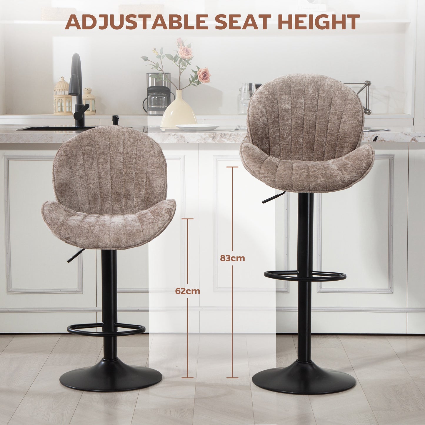 HOMCOM Bar Stools Set of 2, Swivel Barstools with Back, Adjustable Height and Footrest for Kitchen Island, Dining Room, Brown