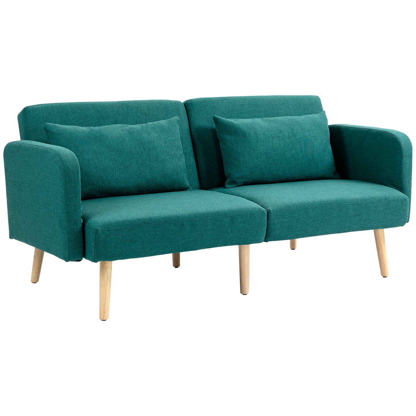 Photo of HOMCOM 2/3 Seater Sofa Bed, Convertible Bed Settee, Fabric Sofa Couch with 2 Cushions for Living Room, Guest Room, Green in Green colour on a white background