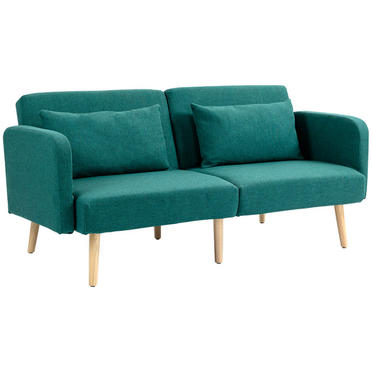 Photo of HOMCOM 2/3 Seater Sofa Bed, Convertible Bed Settee, Fabric Sofa Couch with 2 Cushions for Living Room, Guest Room, Green in Green colour on a white background
