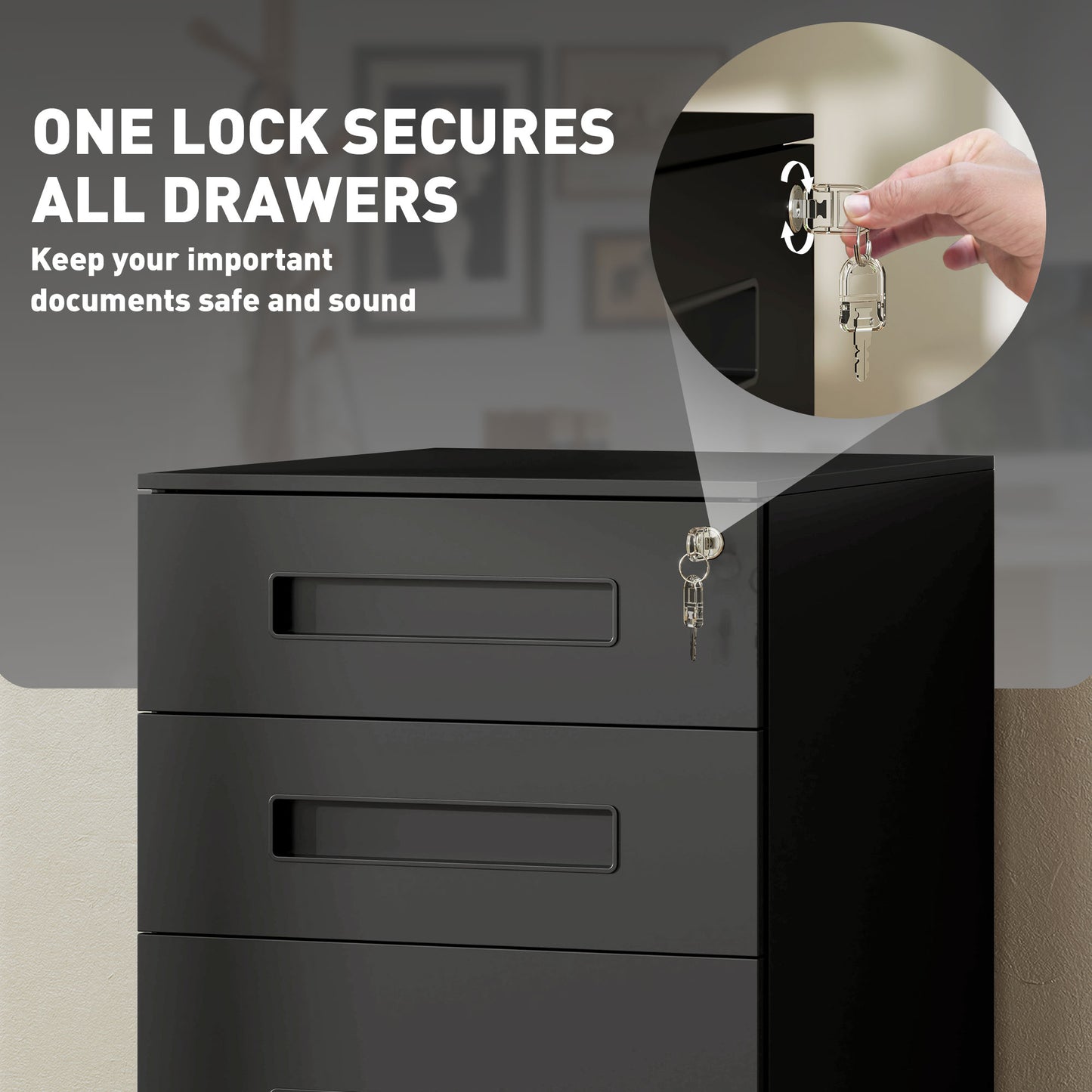 Vinsetto Three-Drawer Steel Filing Cabinet - Black