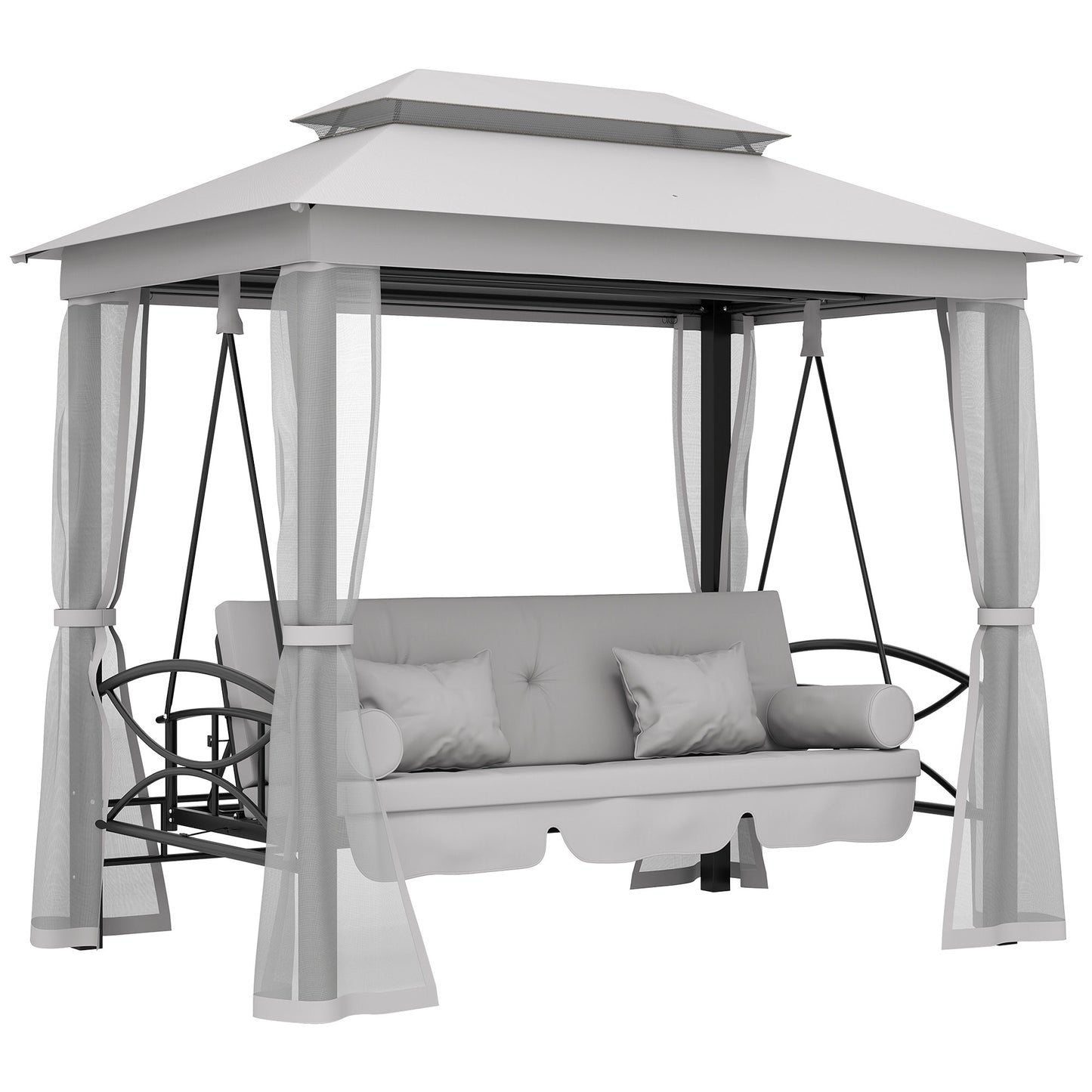 Photo of Outsunny 3 Seater Convertible Swing Chair, Outdoor Gazebo Swing Seat Bed with Double Tier Canopy, Cushioned Seat, Mesh Sidewalls, Light Grey in Grey colour on a white background