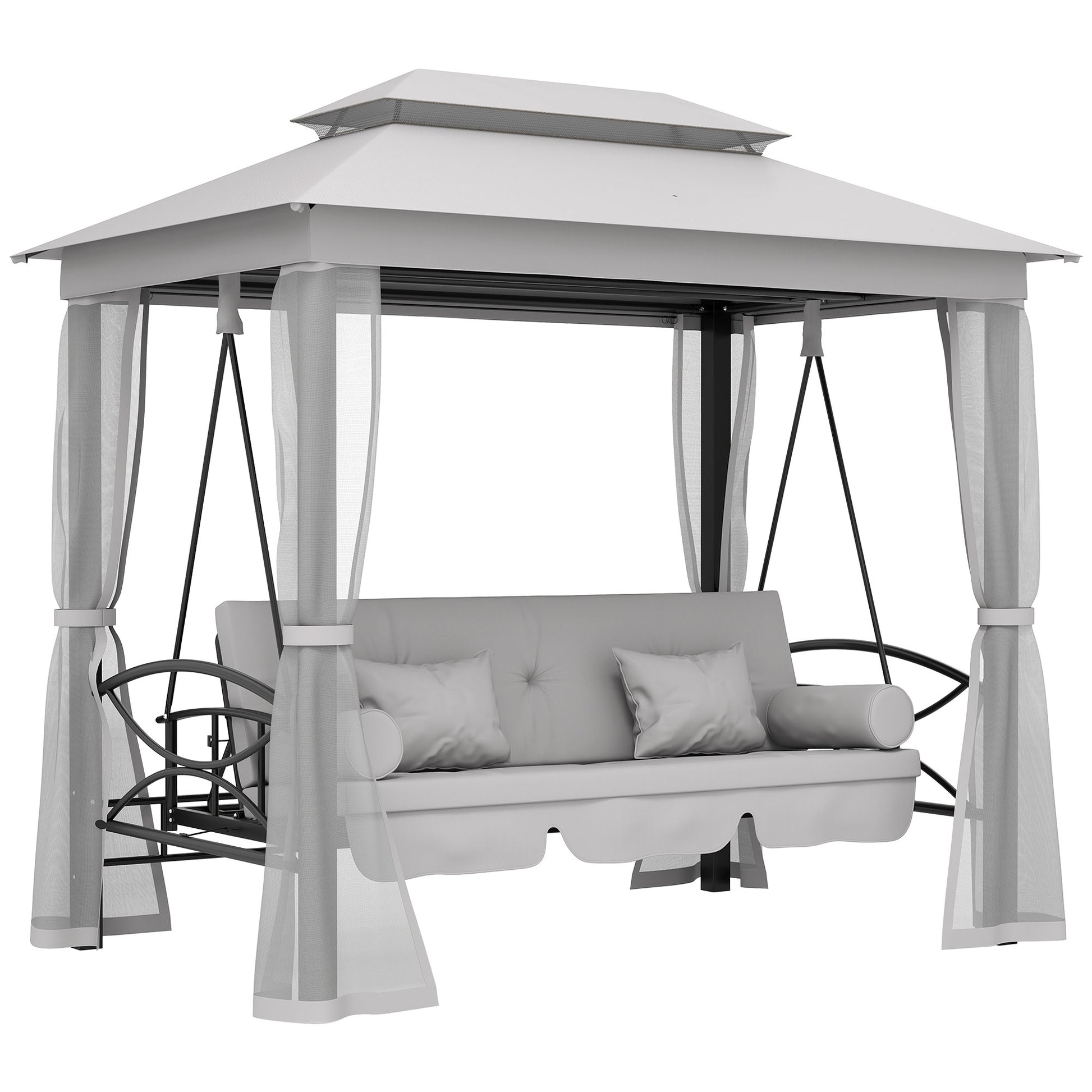 Photo of Outsunny 3 Seater Convertible Swing Chair, Outdoor Gazebo Swing Seat Bed with Double Tier Canopy, Cushioned Seat, Mesh Sidewalls, Light Grey in Grey colour on a white background