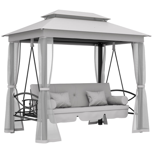 Photo of Outsunny 3 Seater Convertible Swing Chair, Outdoor Gazebo Swing Seat Bed with Double Tier Canopy, Cushioned Seat, Mesh Sidewalls, Light Grey in Grey colour on a white background