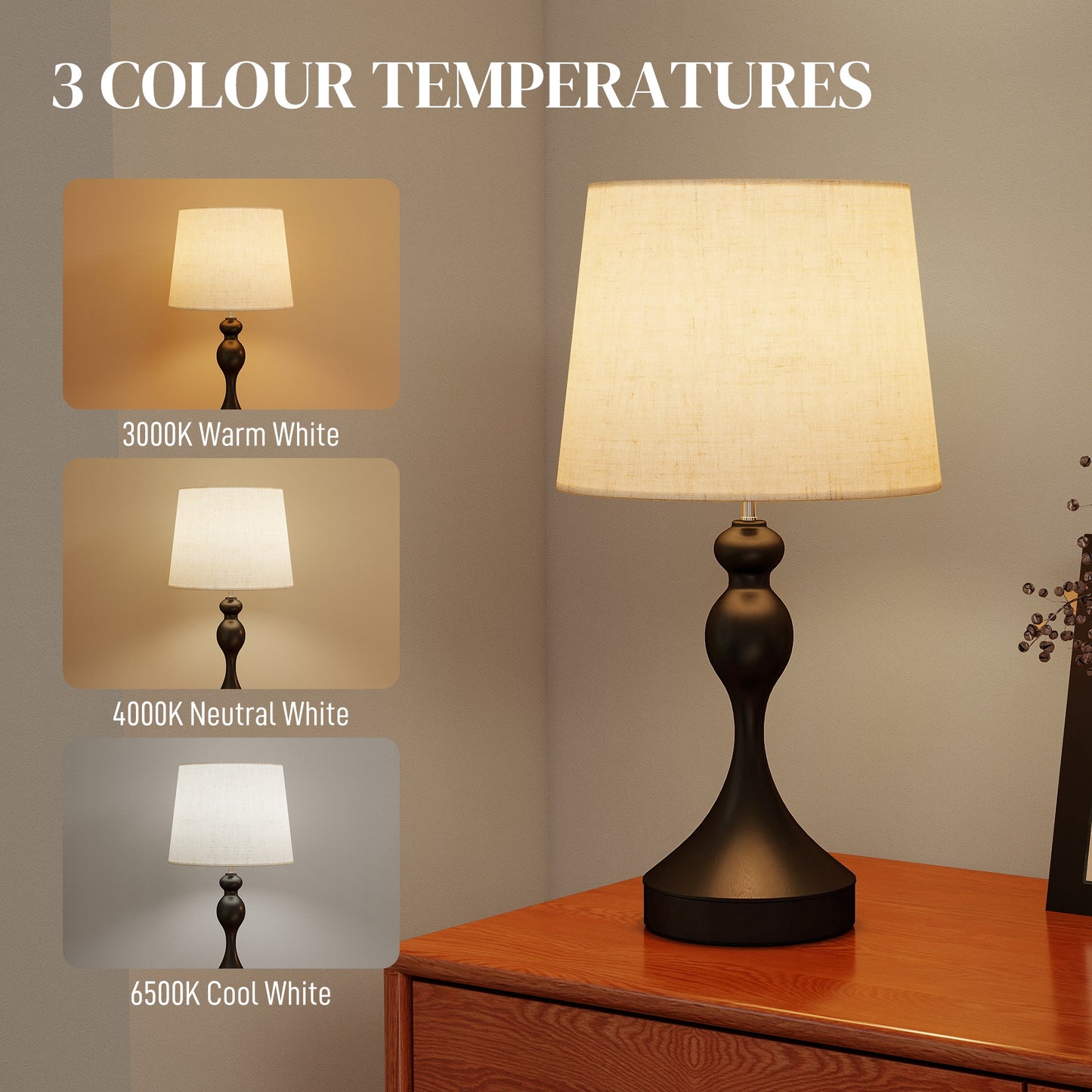 HOMCOM Set of Two Three-Colour Lamps, with USB Ports - Black/Beige