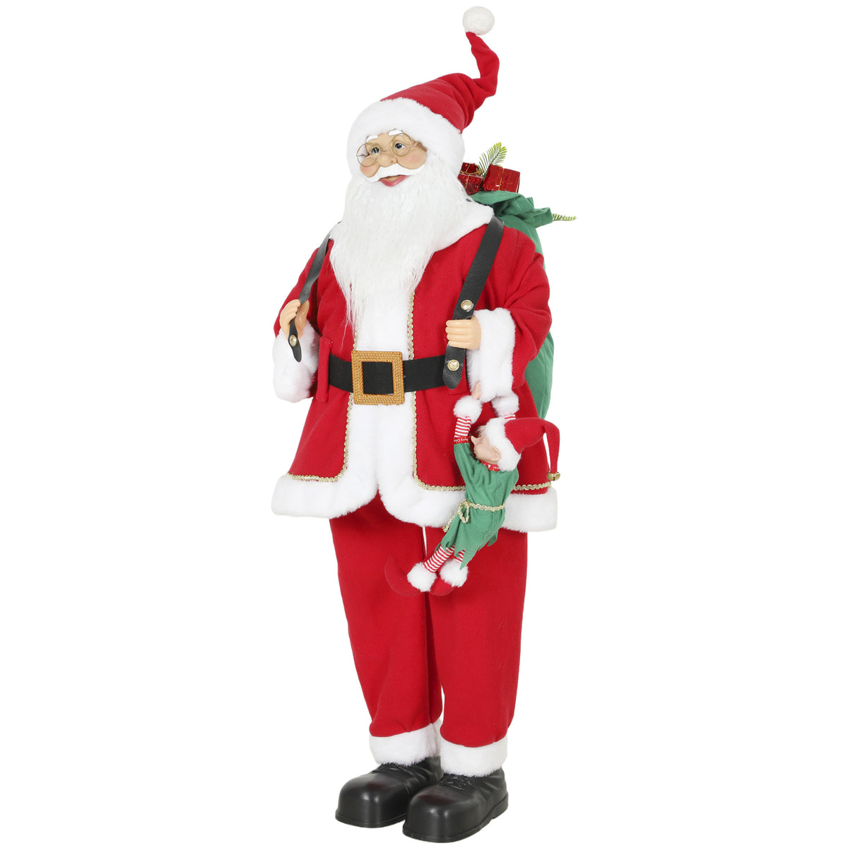 Photo of HOMCOM 4ft Singing Dancing Santa Claus, Standing Christmas Animated Santa Figure with Sack, Hanging Elf, Sound/Touch Activated in Activated colour on a white background