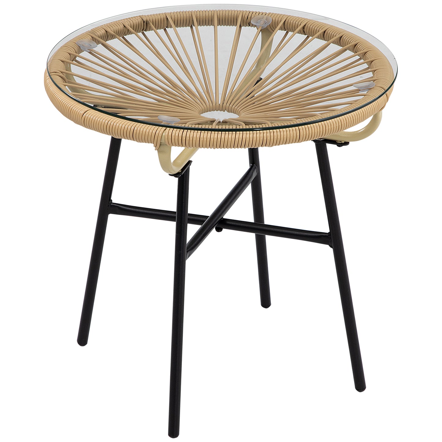 Photo of Outsunny Rattan Side Table, Round Outdoor Coffee Table, with Round PE Rattan and Tempered Glass Tabletop for Patio, Garden, Balcony, Beige in Beige colour on a white background