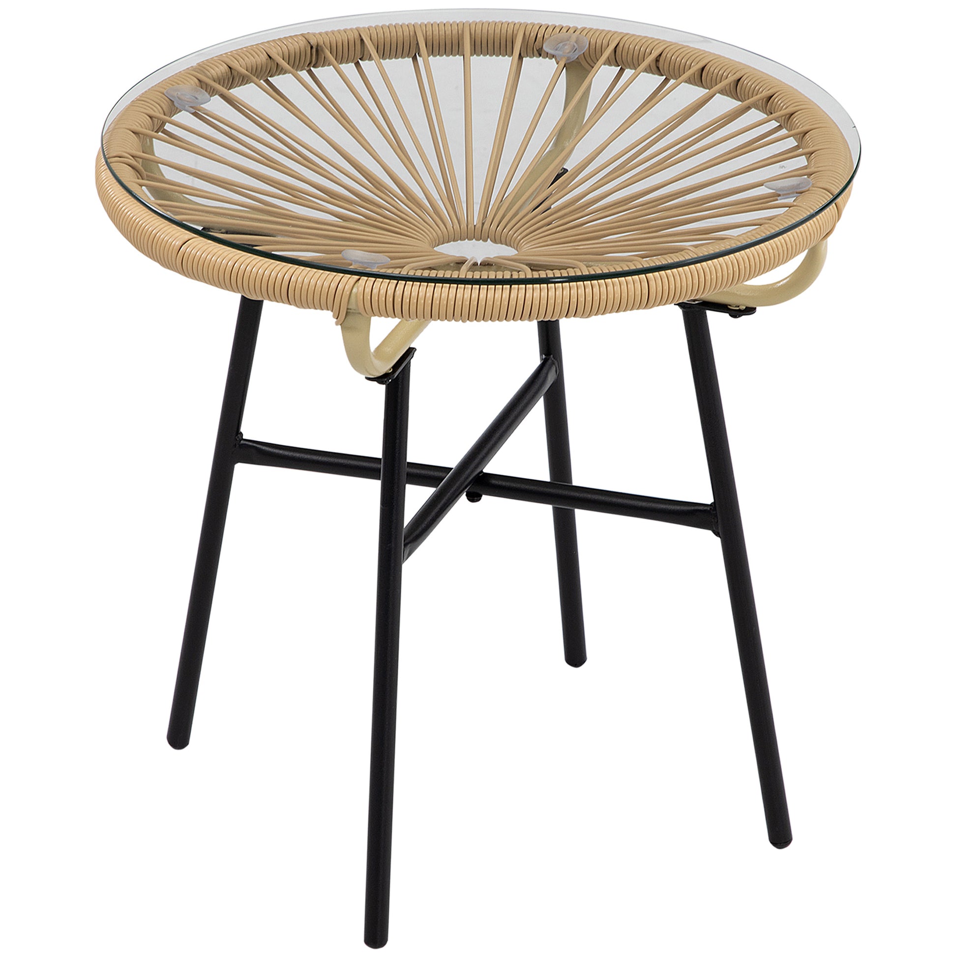 Photo of Outsunny Rattan Side Table, Round Outdoor Coffee Table, with Round PE Rattan and Tempered Glass Tabletop for Patio, Garden, Balcony, Beige in Beige colour on a white background