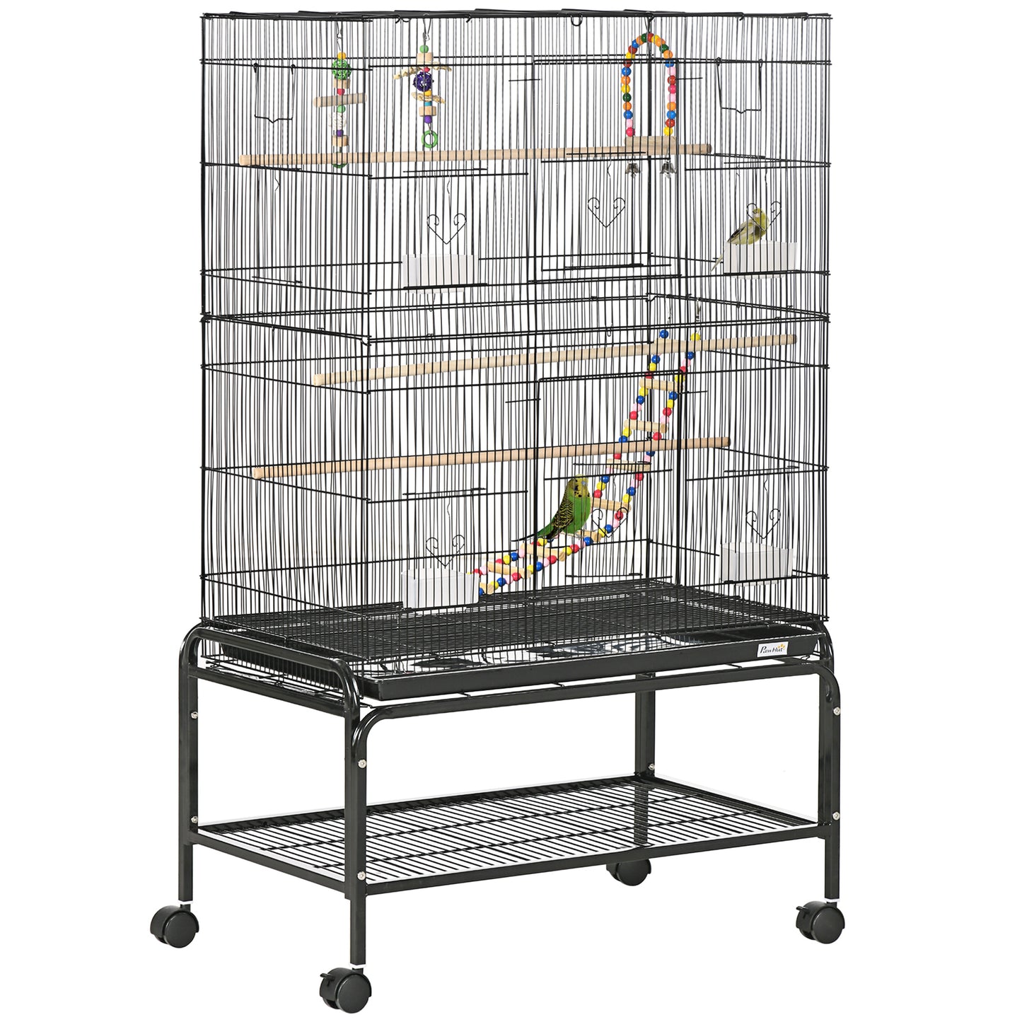 Photo of PawHut Large Bird Cage Budgie Cage with Stand, Toys, Wheels, Accessories, Storage Shelf for Canaries, Finches, Lovebirds, Parakeets - Black, 79 x 49 x 133 cm in cm colour on a white background