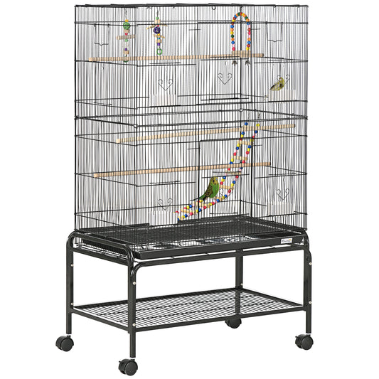 Photo of PawHut Large Bird Cage Budgie Cage with Stand, Toys, Wheels, Accessories, Storage Shelf for Canaries, Finches, Lovebirds, Parakeets - Black, 79 x 49 x 133 cm in cm colour on a white background