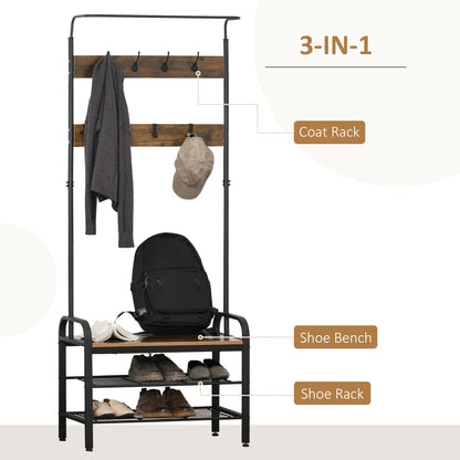 HOMCOM industrial coat rack with shoe bench, metal frame, wood hooks, and shoe shelves