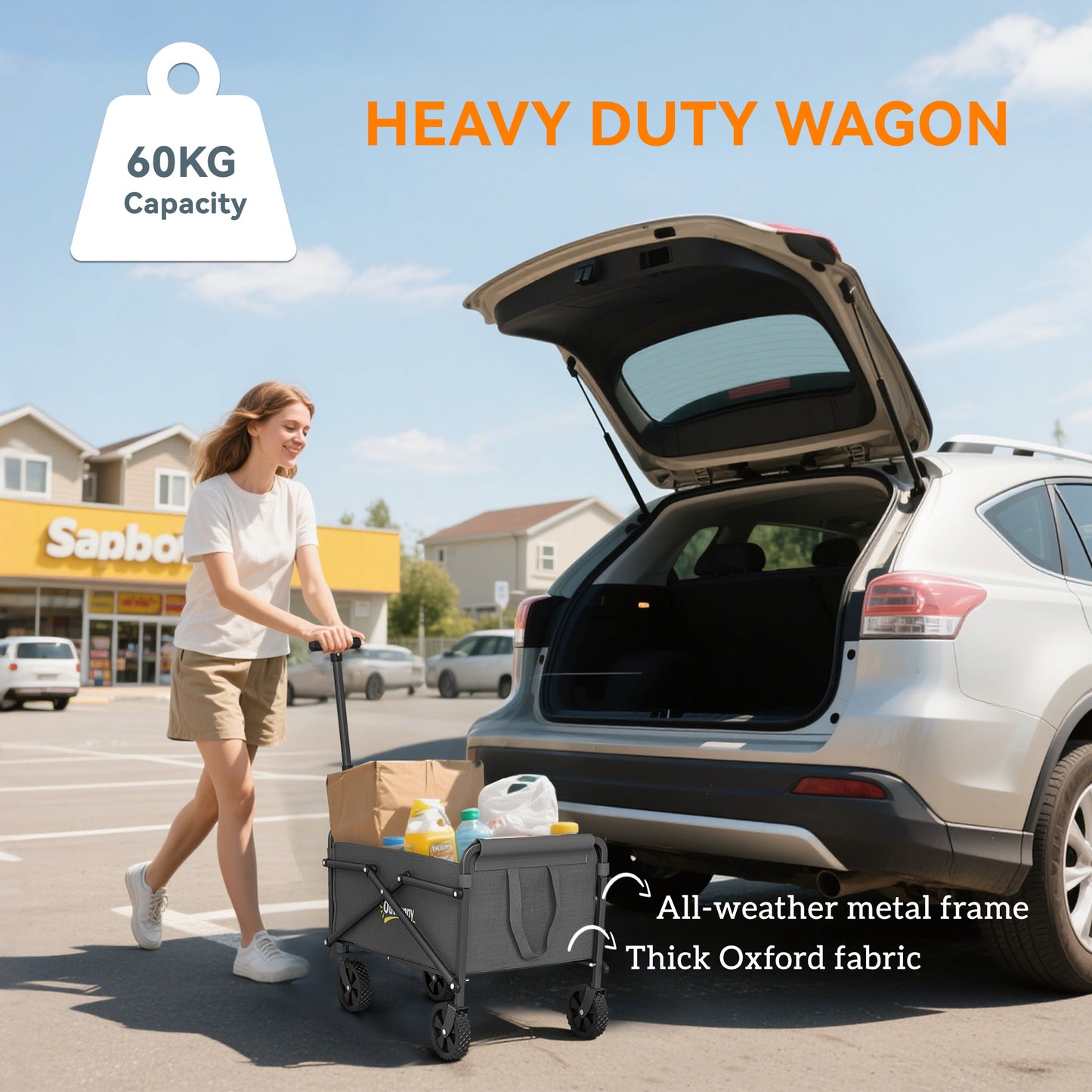 Outsunny 62L Festival Trolley on Wheels, Portable Small Folding Trolley Cart, 60kg Heavy Duty Collapsible Foldable Wagon with Adjustable Handle and Carrying Bag for Beach, Camping, Garden, Grey