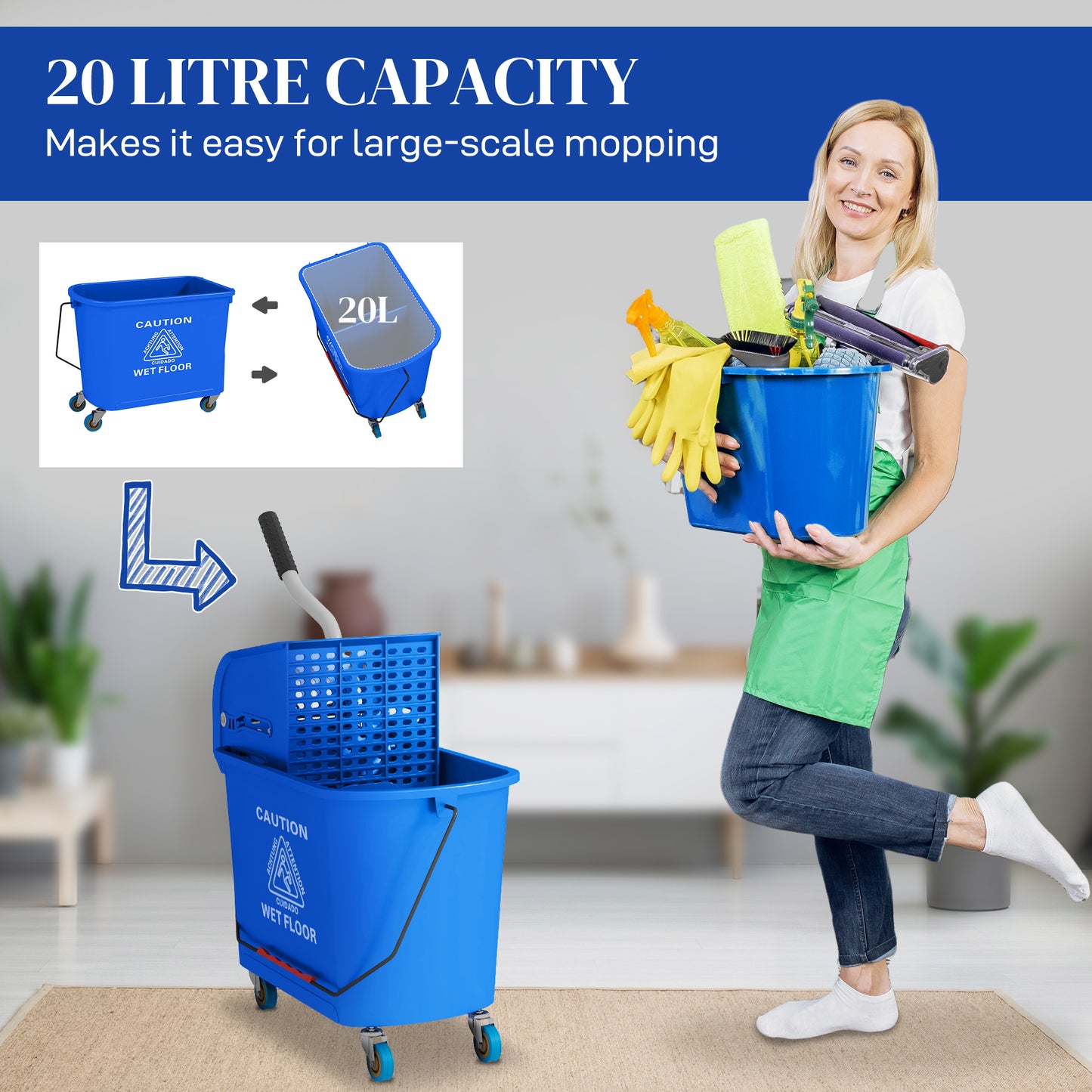 HOMCOM 20L Compact Mop Bucket on Wheels, with Water Separation Panel - Blue