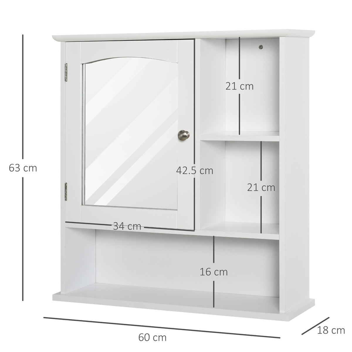 White wall-mounted bathroom cabinet with mirrored door, open shelves, and measurements