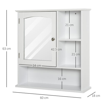 White wall-mounted bathroom cabinet with mirrored door, open shelves, and measurements
