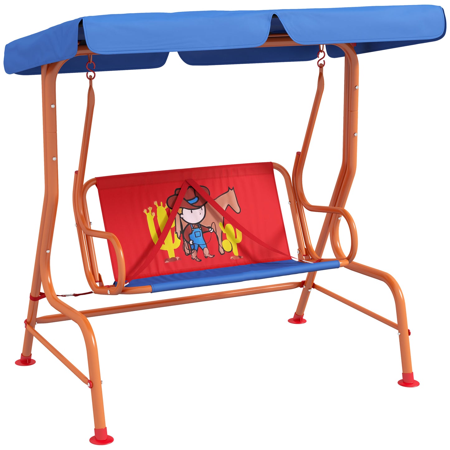 Photo of Outsunny Two Seater Kids Garden Swing, Cowboy Themed kids Swing Chair with Adjustable Canopy, Safety Belts for Outdoor Use in Use colour on a white background