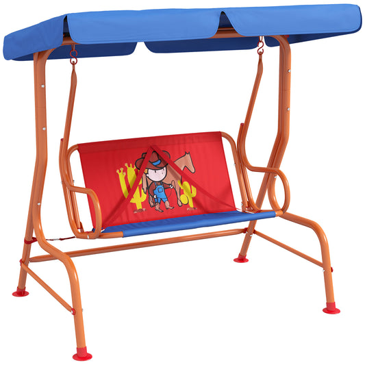 Photo of Outsunny Two Seater Kids Garden Swing, Cowboy Themed kids Swing Chair with Adjustable Canopy, Safety Belts for Outdoor Use in Use colour on a white background