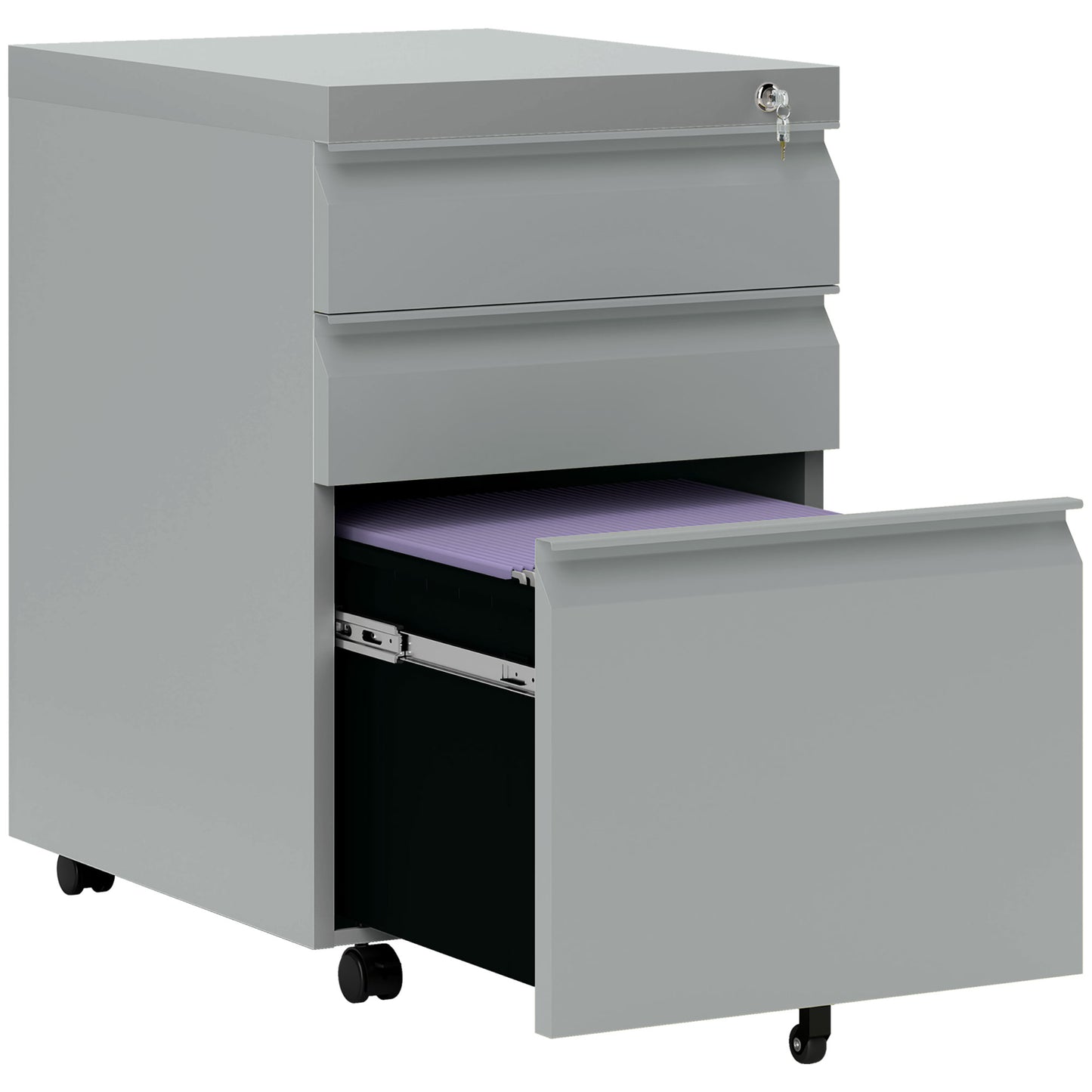 Photo of Vinsetto 3 Drawer Filling Cabinet, Mobile Metal File Cabinet with Anti-tilt Design for Letter, A4, Legal Size, Grey in Grey colour on a white background