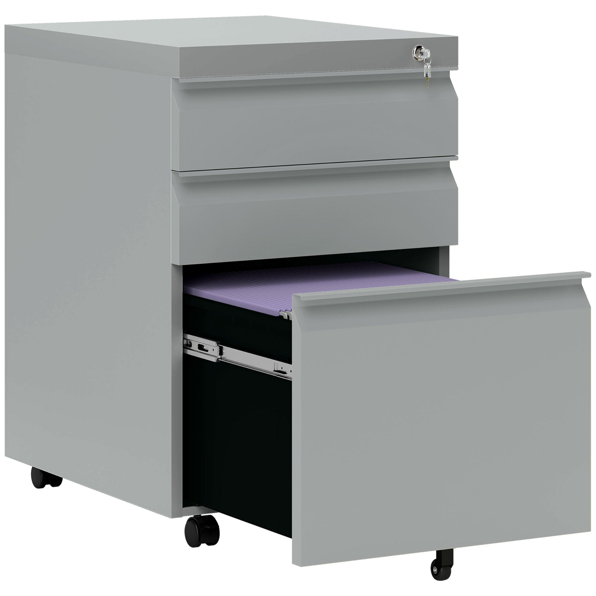 Photo of Vinsetto 3 Drawer Filling Cabinet, Mobile Metal File Cabinet with Anti-tilt Design for Letter, A4, Legal Size, Grey in Grey colour on a white background